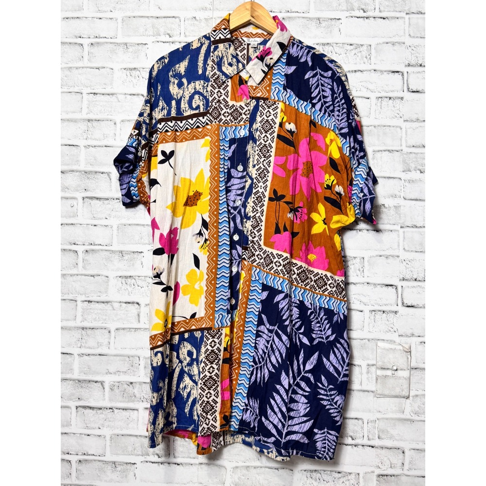 Dalin Linen Cotton Patchwork Floral Button Down Shirt Womens SM Oversized Boho
